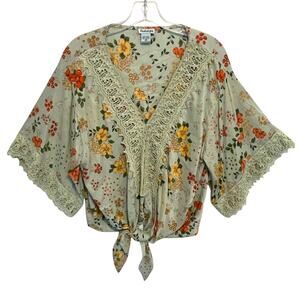 Nostalgia Floral Boho Top Womens Medium Pistachio Green Tie Front Kimono Sleeves